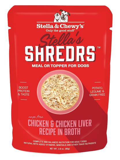 Stella & Chewy's Stella’s Shredrs Cage Free Chicken & Chicken Liver Recipe in Broth Adult Wet Dog Food, 2.8-oz pouch, case of 24