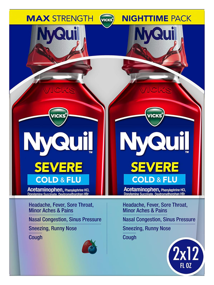 Twin Pack Vicks NyQuil SEVERE Cold, Flu, Congestion Medicine 12 fl oz Berry