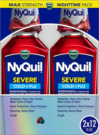 Twin Pack Vicks NyQuil SEVERE Cold, Flu, Congestion Medicine 12 fl oz Berry