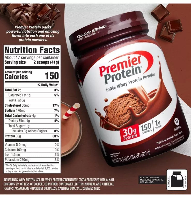 Premier Protein Powder Chocolate Milkshake 30g 1g Sugar 100% Whey Protein