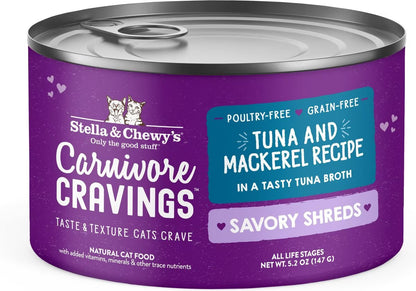 Stella & Chewy's Savory Shreds Tuna & Mackerel Flavored Shredded Wet Cat Food (24 Pack) 5.2OZ Each